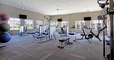 Spacious fitness center at Bellemeade Apartments in west Des Moines