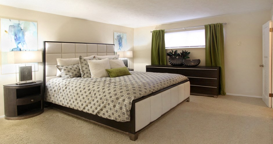 Spacious master bedroom with attached master bathroom and walk-in closet at Alpine Village Apartments in La Vista, Nebraska