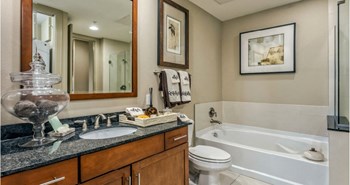 Luxury bathroom with granite countertops, glass shower and separate soaking tub at Villa Piana Apartments in Dallas - Photo Gallery 20