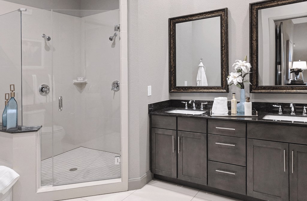 A double vanity bathroom with granite vanity top, a glass stand-in shower and a separate bathtub