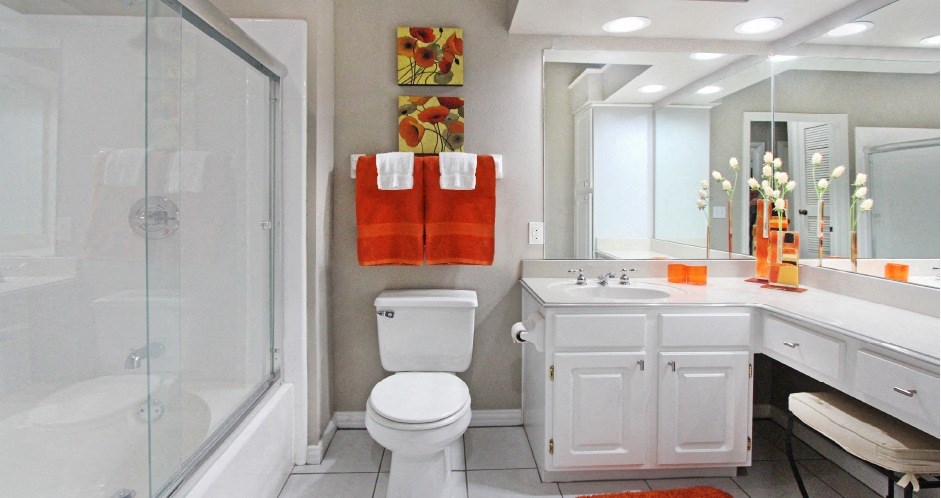 Luxury apartments with oval soaking tub, built-in vanity, and glass shower at Lenox Village Apartments in Lincoln, Nebraska