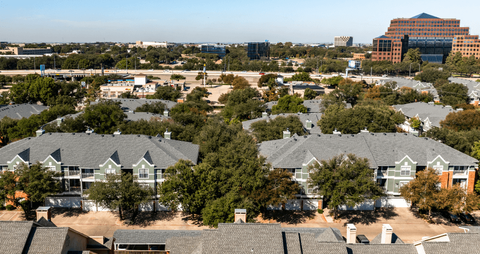 Aerial view of Kensington Square Apartments near the Sallie Mae building in Dallas Texas