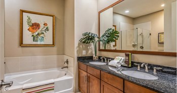 Luxury bathroom with granite countertops, glass shower and separate soaking tub at Villa Piana Apartments in Dallas - Photo Gallery 12