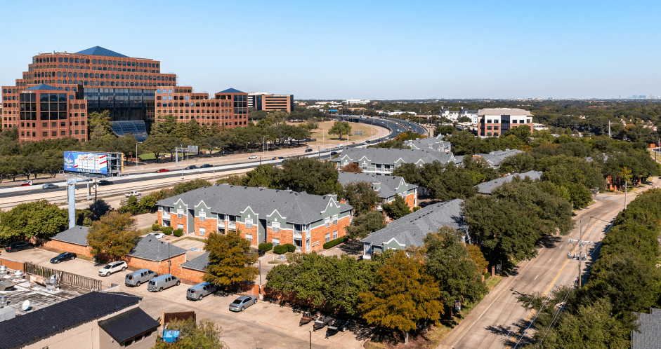 Aerial view of Kensington Square Apartments near the Sallie Mae building in Dallas Texas
