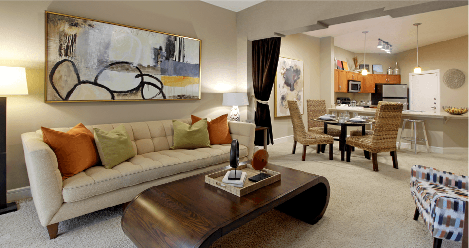 Luxury apartments with granite countertops, stainless appliances, large kitchen island at Delante apartments in Irving Texas