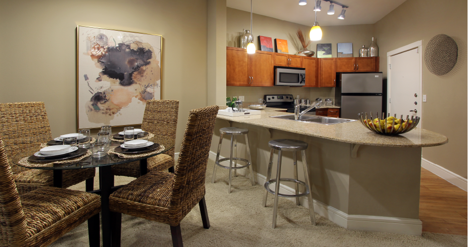 Spacious open floor plan, spacious luxury apartments with granite countertops, 10-foot ceilings, and courtyard views at Delante Apartments in Irving, Texas