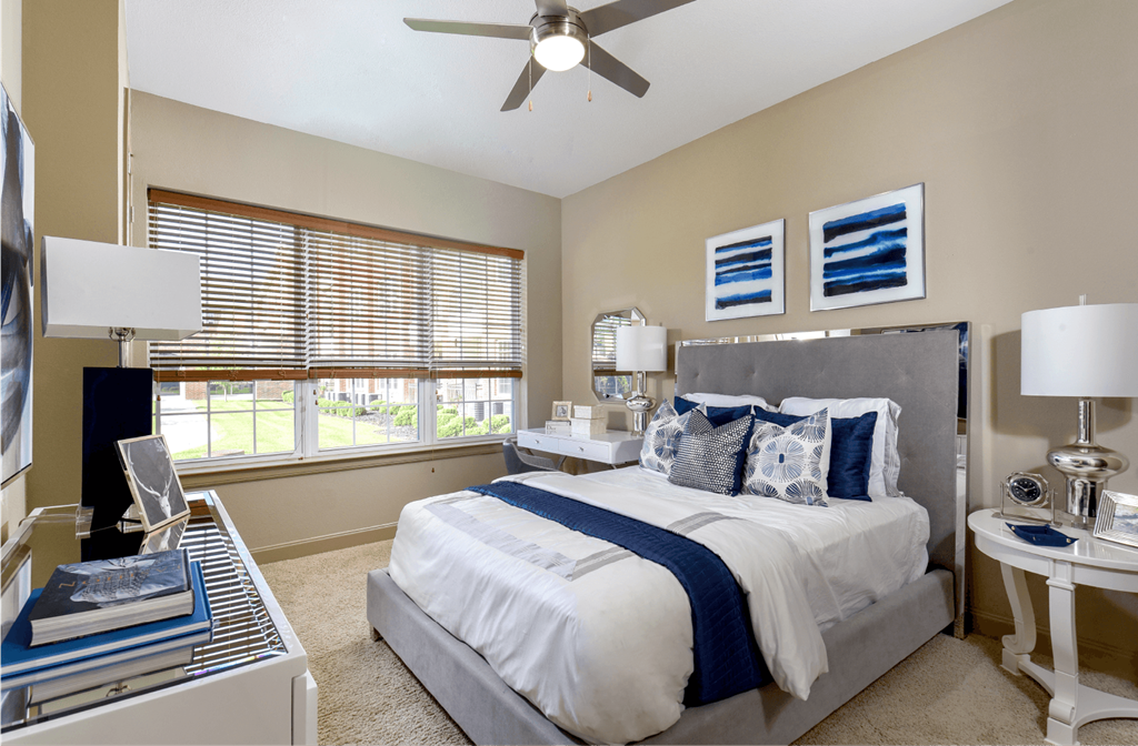 Luxury apartments with master bedroom to fit a king size bed, attached master bathroom and walk-in closet at Luxembourg Apartments in Bloomington Minnesota