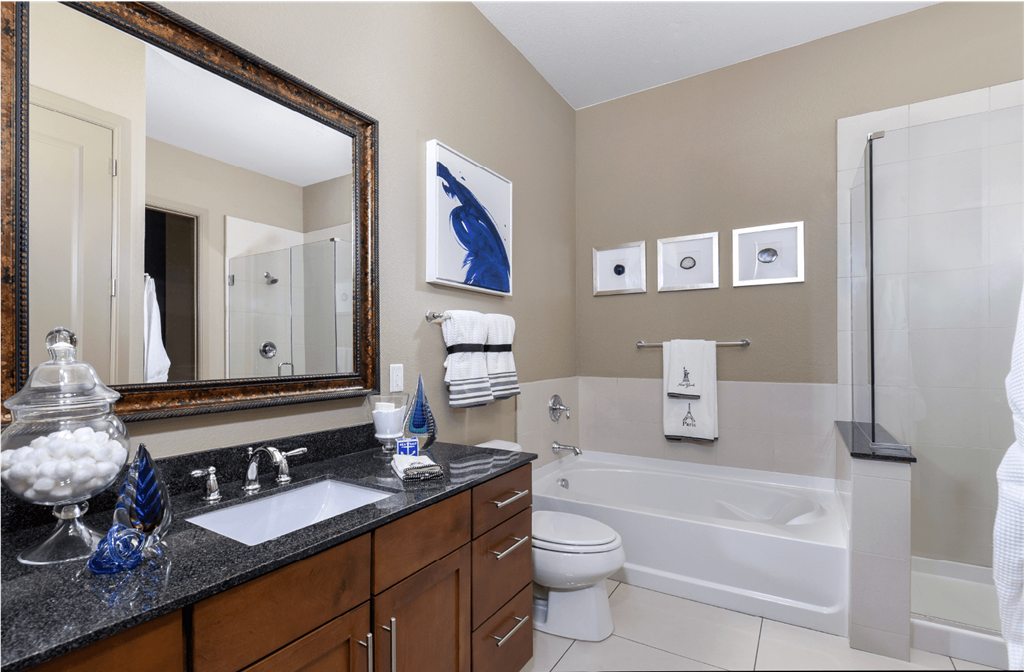 Luxury bathroom with granite countertops, glass shower and separate soaking tub at Luxembourg Apartments in Bloomington Minnesota