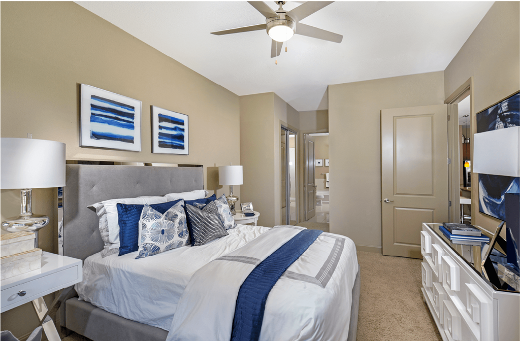 Luxury apartments with master bedroom to fit a king size bed, attached master bathroom and walk-in closet at Luxembourg Apartments in Bloomington Minnesota