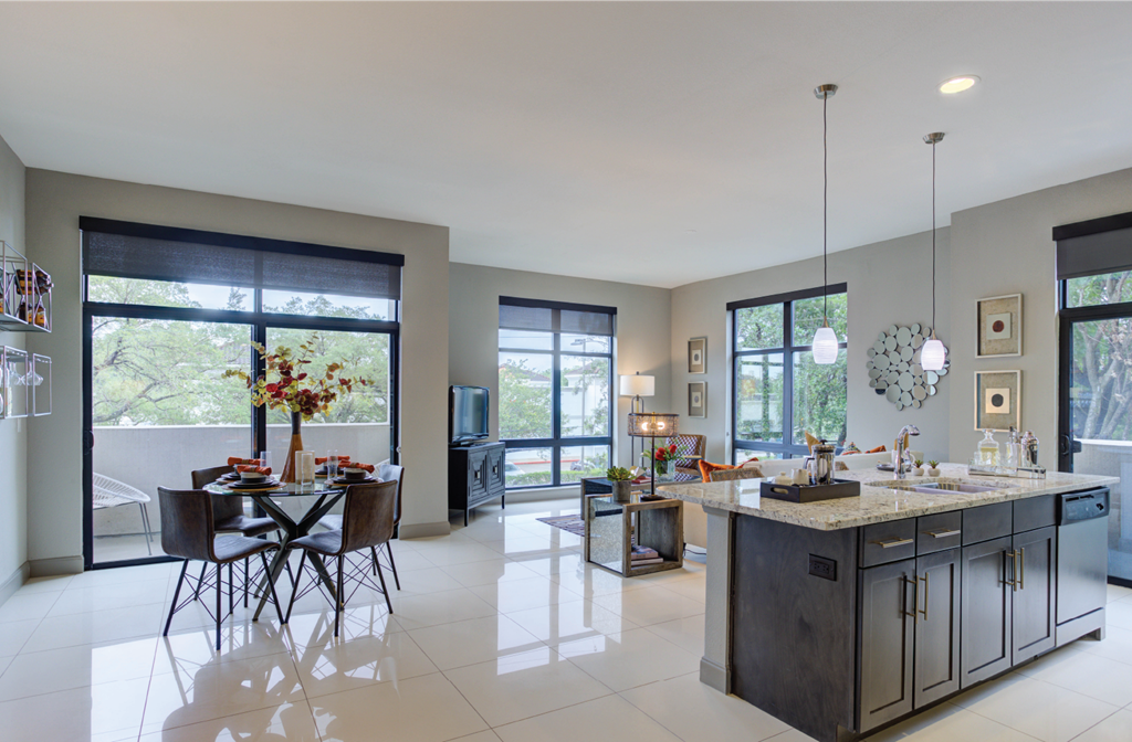 Luxury apartments with spacious open floor plan, oversized windows, downtown views, granite countertops at Le Palais Apartments in Houston.