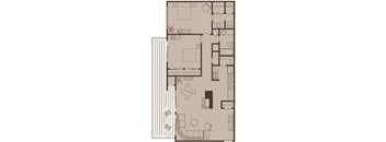A floor plan of a house with a kitchen, living room, and two bedrooms.