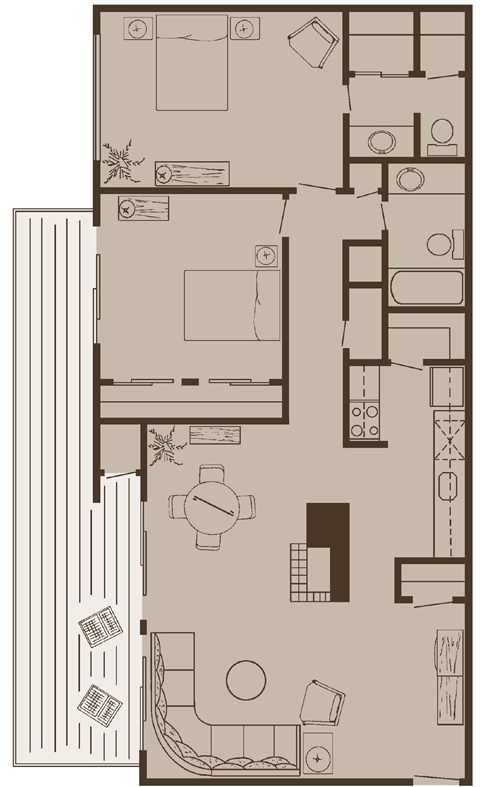 A floor plan of a house with a kitchen, living room, and two bedrooms.