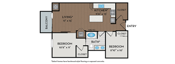 A floor plan of a home with a living room, kitchen, two bedrooms, a bathroom, and a balcony.