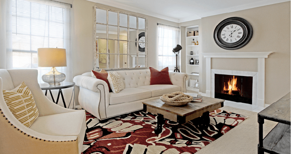 Spacious luxury apartments with woodburning fireplace, built-in shelves, and oversized windows at The Biltmore Apartments in Omaha, Nebraska