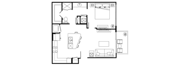 A floor plan of a house with a kitchen, living room, and bathroom.