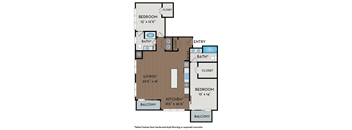 A floor plan of a home with two bedrooms, a living room, a kitchen, a balcony, and two bathrooms.