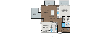 A floor plan of a home with a living room, kitchen, two bedrooms and two bathrooms.