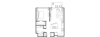 A floor plan of a house with a kitchen, living room, and bathroom.