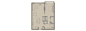 A floor plan of a house with a kitchen, living room, and two bedrooms.