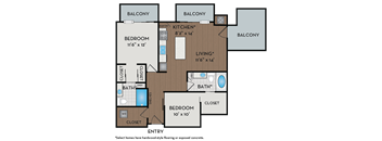 A floor plan of a home with two bedrooms, a living room, a kitchen, two bathrooms, and two closets.