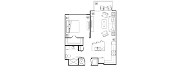 A floor plan of a house with a kitchen, living room, and bathroom.