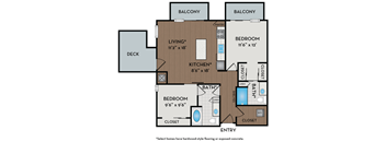 A floor plan of a home with two bedrooms, a living room, a kitchen, a bath, a deck, and two balconies.