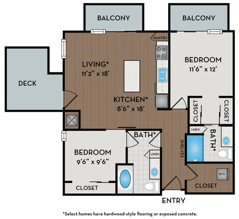 A floor plan of a home with two bedrooms, a living room, a kitchen, a bath, a deck, and two balconies.