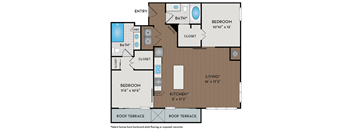 A floor plan of a home with a living room, kitchen, two bedrooms and two bathrooms.