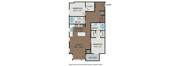 A floor plan of a home with a living room, kitchen, two bedrooms and two bathrooms.
