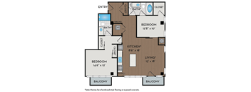 A floor plan of a home with two bedrooms, a living room, a kitchen, a pantry, and two bathrooms.