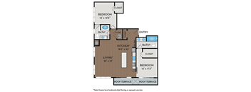A floor plan of a house with a living room, kitchen, and two bedrooms.