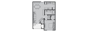 A floor plan of a house with a kitchen, living room, and bathroom.