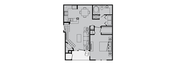 A floor plan of a house with a kitchen, living room, and bathroom.