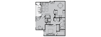 A floor plan of a house with a kitchen, living room, and bathroom.