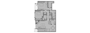A floor plan of a house with a kitchen, living room, and two bedrooms.