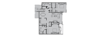 A floor plan of a house with a kitchen, living room, and two bedrooms.