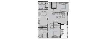 A floor plan of a house with a kitchen, living room, and bathrooms.