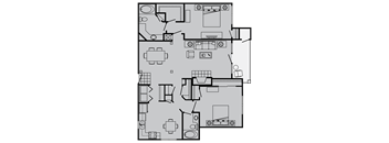 A floor plan of a house with a kitchen, living room, and two bedrooms.