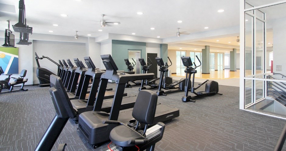Spacious fitness center with brand new cardio equipment at The Biltmore Apartments in Omaha Nebraska
