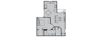 A floor plan of a house with a kitchen, living room, and bathroom.