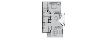 A floor plan of a house with a kitchen, living room, and two bedrooms.