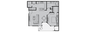 A black and white floor plan of a house with various rooms and furniture.