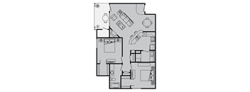 A black and white floor plan of a house with various rooms and furniture.