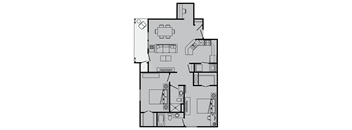 A floor plan of a house with a kitchen, living room, dining room, and bathrooms.