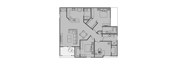 A floor plan of a house with a kitchen, living room, and bedrooms.