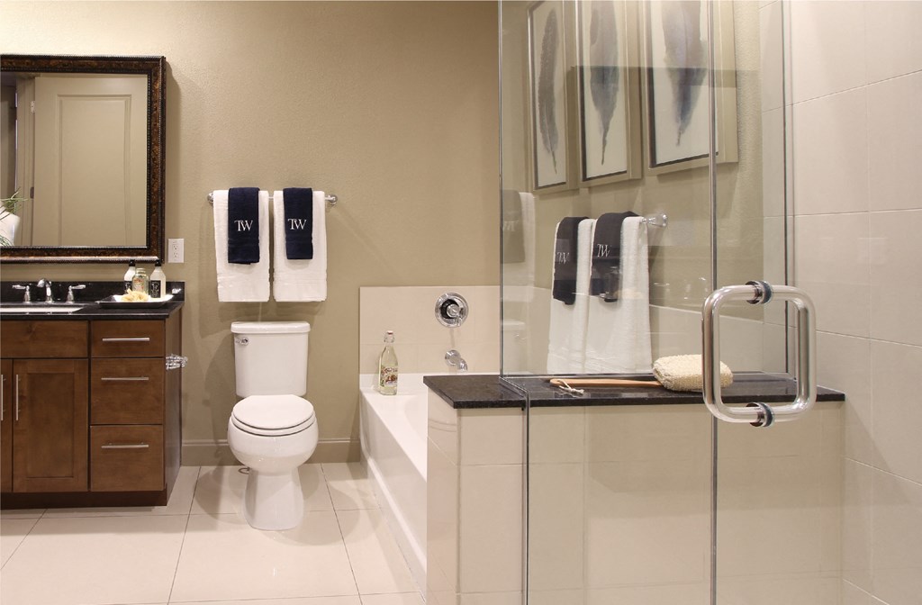 Luxury apartments with spacious bathrooms with oval soaking tub, separate shower with glass enclosure, and granite slab vanity top Tuscany Walk Apartments in Houston.