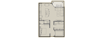 A floor plan of a house with a kitchen, living room, and two bedrooms.