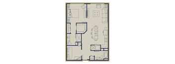A floor plan of a house with a kitchen, living room, and bathroom.