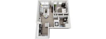 A top-down view of a small apartment with a living room, kitchen, and bathroom.