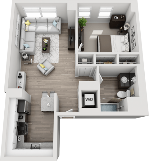 A top-down view of a small apartment with a living room, kitchen, and bathroom.